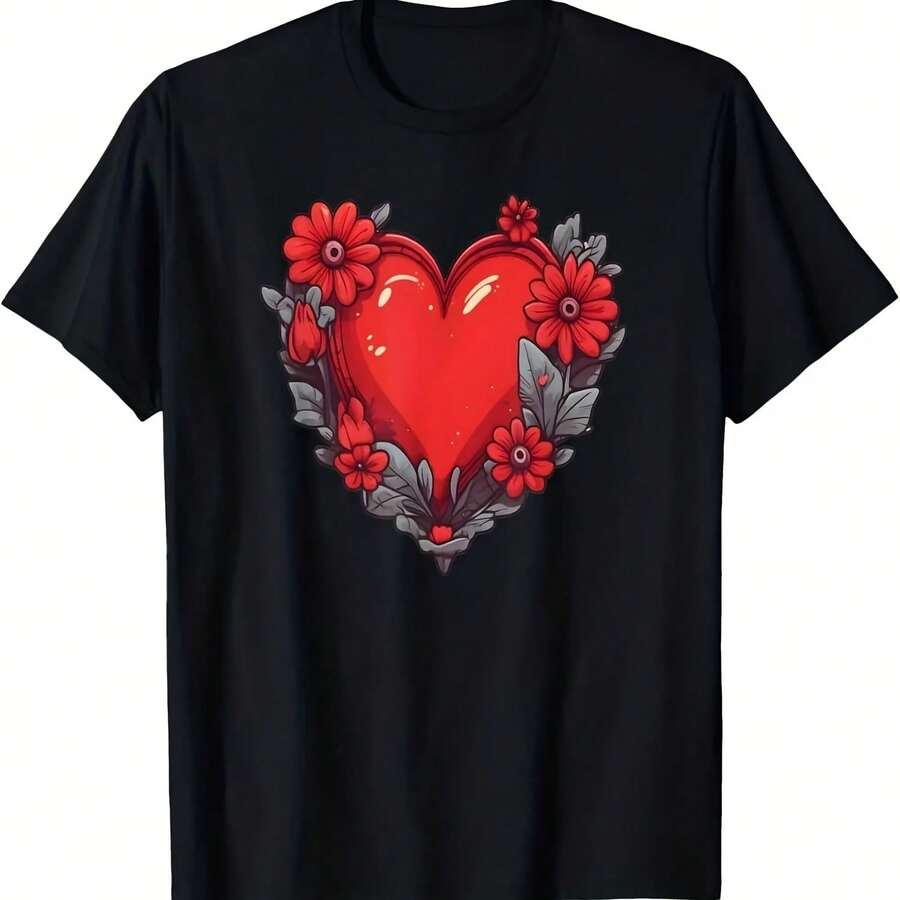 Men's T-Shirt - With Love Flower Print, Couple's T-Shirt, Everyday T-Shirt, Casual Wear, Romantic Clothing - 彩色 - 查看 1