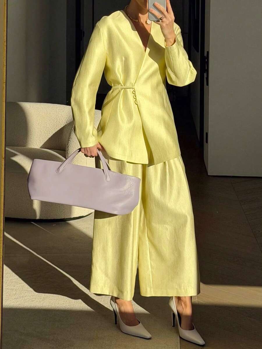 Women's Solid Color Elegant Tie-Neck Long Sleeve Top And Solid Color Long Pants Minimalist Casual 2 Pieces Set Yellow - Yellow - View 1