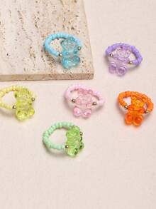 6pcs/Set Girls Colorful Bear Seed Bead Ring Set Suitable For Daily Decoration - one-size - View 4