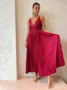 New European-American Spring-Summer 2026 Midi-Party Dress, Pleated, V-Neck, Straps, Wide Skirt - 紅色 - 查看 7