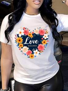 Camiseta de Manga Corta para Mujer - Estampado Floral y Corazón con Amor, Tejido 100% Poliéster Transpirable, Cuello Redondo Casual, Lavable a Máquina para Primavera y Verano - Blanco - Ver 2
