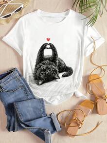 New Women's Clothing And A, Hand-Painted Black Cat Heart Print T-Shirt, Love Short Sleeve Casual Top, Plus Size Women's Clothing, New Release, Loose Fit - 黑色 - 查看 1
