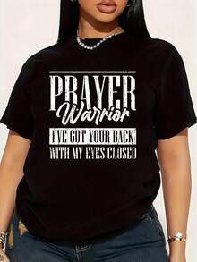 Camiseta de Mujer Talla Grande con Frase de Oración Cristiana 'Guerrero de Fe' y Versículo Bíblico, Divertida, Gráfica, de Manga Corta, Novedosa, 100% Algodón, Cuello Redondo Casual, 220g - Negro - Ver 1