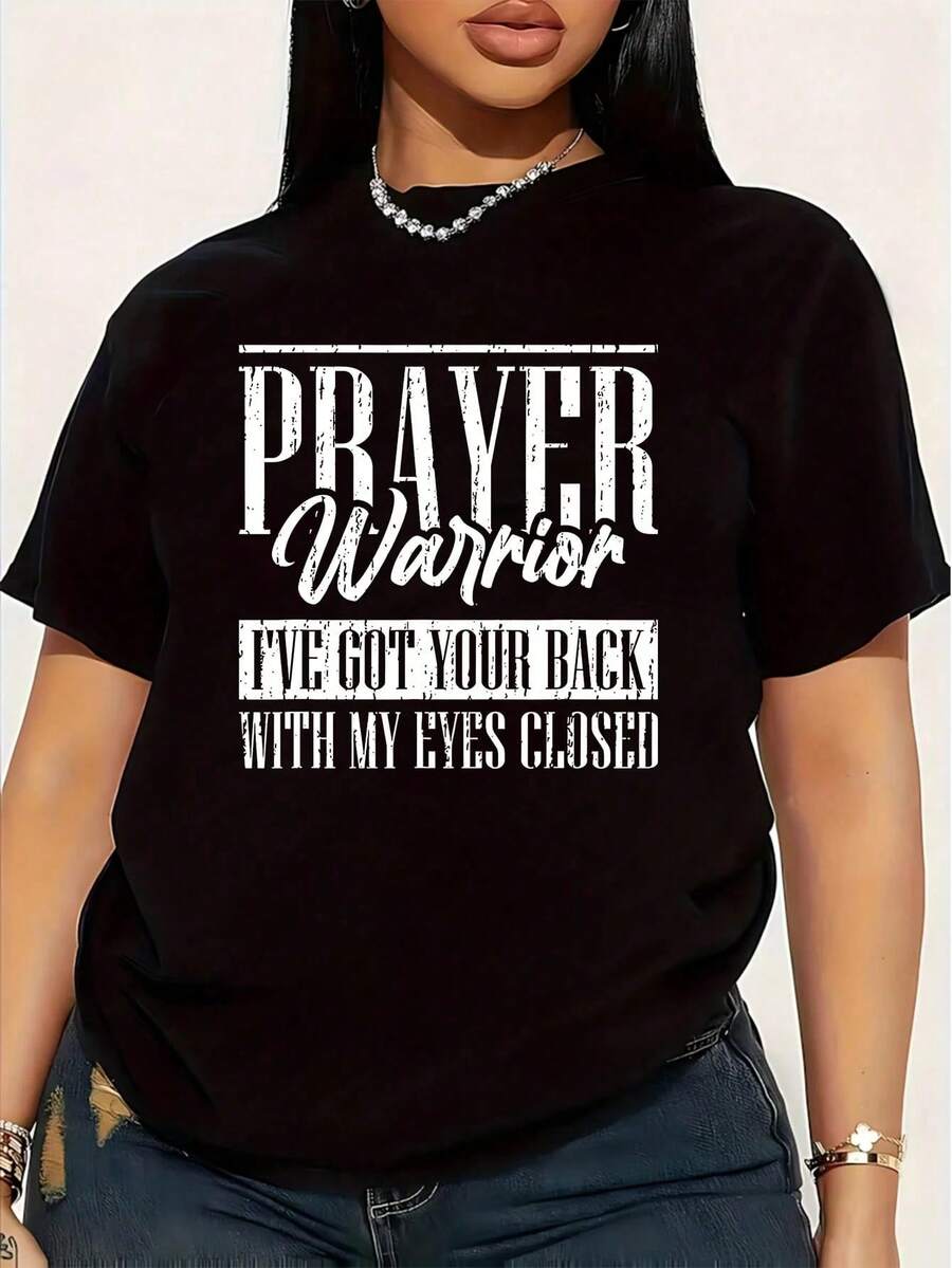 Camiseta de Mujer Talla Grande con Frase de Oración Cristiana 'Guerrero de Fe' y Versículo Bíblico, Divertida, Gráfica, de Manga Corta, Novedosa, 100% Algodón, Cuello Redondo Casual, 220g - Negro - Ver 1