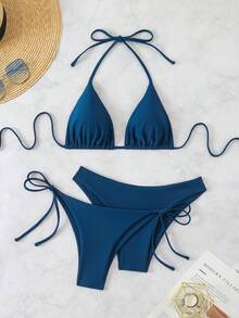 Basics 3 Pieces/Set Solid Color Women's Bikini Set For The Beach In Summer Strand Outfit Damen Strandkleid Bikini Set Damen Bikini Set Badeanzug - Blue - View 1