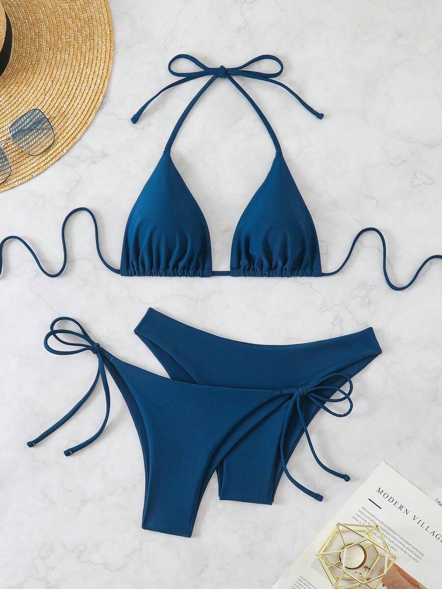 Basics 3 Pieces/Set Solid Color Women's Bikini Set For The Beach In Summer Strand Outfit Damen Strandkleid Bikini Set Damen Bikini Set Badeanzug - Blue - View 1