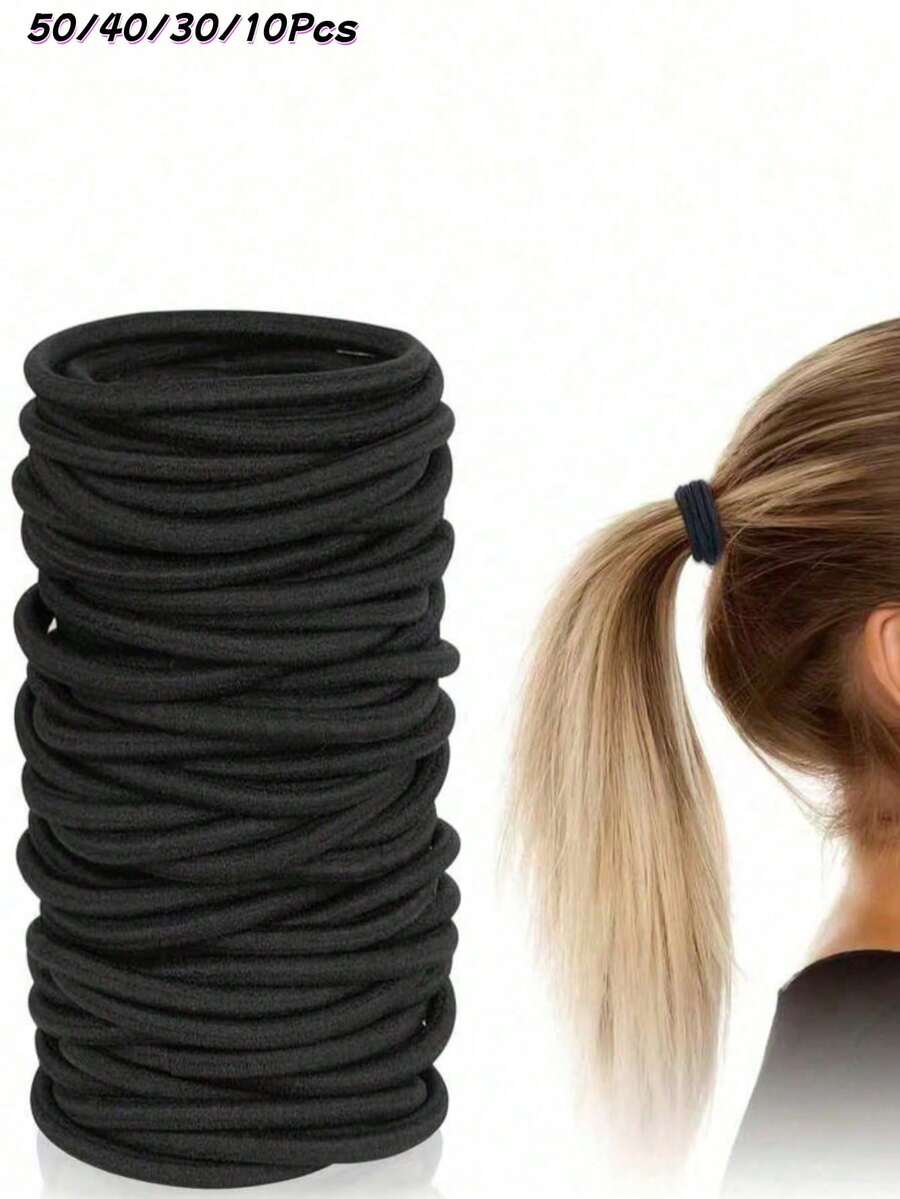 10/30/40/50pcs Black Elastic Hair Ties, Seamless Strong Ponytail Hair Ties, Suitable For Thick Hair, No Pulling Or Damage, Hair Accessories