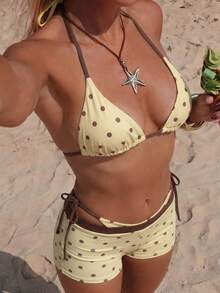 Bộ bikini 3 món gợi cảm in chấm bi dành cho nữ, kiểu buộc dây cổ, kèm quần lót, chất liệu vải co giãn cao, bộ đồ bơi thời trang và thoải mái, thích hợp cho kỳ nghỉ hè, đi biển và các dịp lễ hội. - Nhiều màu - Xem 1