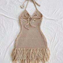 yonghongmaoyi1 Vestido mini de mujer  con tirantes finos, escote en V, calado, estrella de mar de metal tejida, flecos, para vacaciones, playa, cita, boda, fiesta, crucero, - Beis - Ver 3