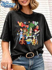Toy Story Character Printed Pattern Unisex Loose T-Shirt, 100% Cotton Crew Neck Short Sleeve, Colorful Cartoon Design, Suitable For Daily - 黑色 - 查看 1