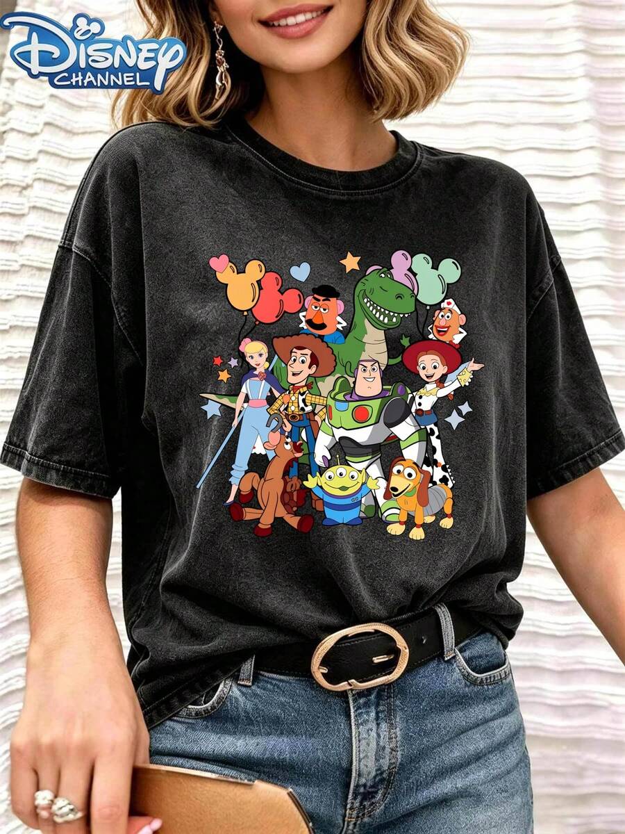 Toy Story Character Printed Pattern Unisex Loose T-Shirt, 100% Cotton Crew Neck Short Sleeve, Colorful Cartoon Design, Suitable For Daily - 黑色 - 查看 1
