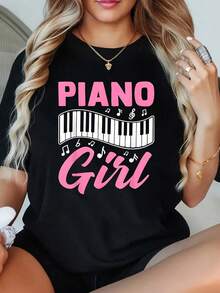 1 Camiseta de Talla Grande para Mujer con Diseño Divertido de Niña Pianista, Estampado Gráfico, Manga Corta, 220g, 100% Poliéster, Estilo Casual, Cuello Redondo - Negro - Ver 1