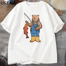 Bear Fishing T-Shirt, Graphic Tee For Men And Women, Vintage Gift For Nature Lovers, Fisherman's T-Shirt, Cotton Short Sleeve T-Shirts, Clothing - 彩色 - 查看 1
