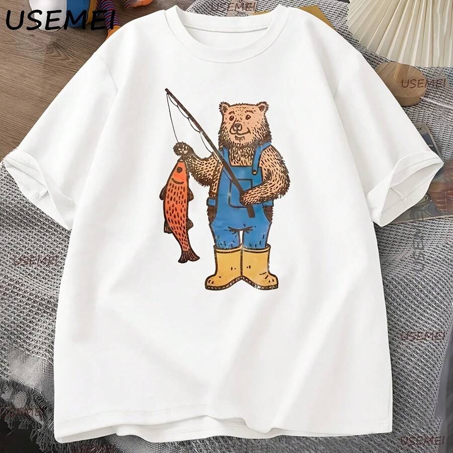 Bear Fishing T-Shirt, Graphic Tee For Men And Women, Vintage Gift For Nature Lovers, Fisherman's T-Shirt, Cotton Short Sleeve T-Shirts, Clothing - 彩色 - 查看 1