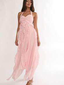 Vestido midi asimétrico nuevo primavera‑verano 2026 europeo‑americano, combinado, volantes, cuello V halter, estilo vacacional - Rosa - Ver 3