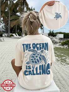 Women's Casual Loose Summer Top, Vintage Style, 'THE OCEAN IS CALLING' Print, Round Neck, Short Sleeve, Drop Shoulder, Pure Cotton Oversize - 杏色 - 查看 1