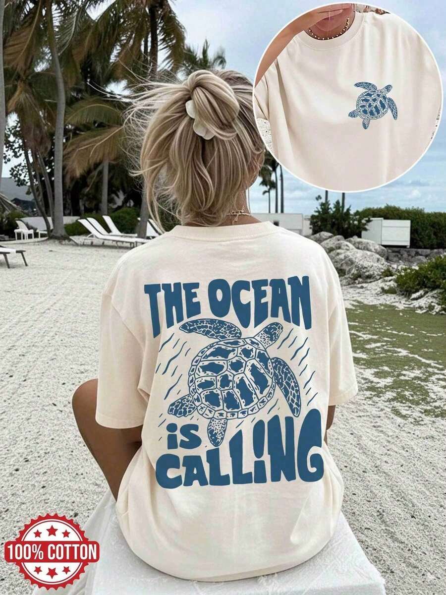 Women's Casual Loose Summer Top, Vintage Style, 'THE OCEAN IS CALLING' Print, Round Neck, Short Sleeve, Drop Shoulder, Pure Cotton Oversize - 杏色 - 查看 1