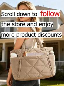 New Fashionable Classic Multifunctional Solid Color Tote Bag, Solid Color Design, Quilted Decoration, Shoulder Tote Bag, Double Handles, Fashionable Women's Shoulder Bag, Business Bag - 象牙色 - 查看 2