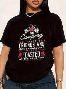 Women's Plus Size T-Shirt With Fun "Camping Where Friends And Marshmallows Roast" Print, Short Sleeve Graphic Tee, Novelty, 100% Cotton, Casual Crew Neck - 黑色 - 查看 1