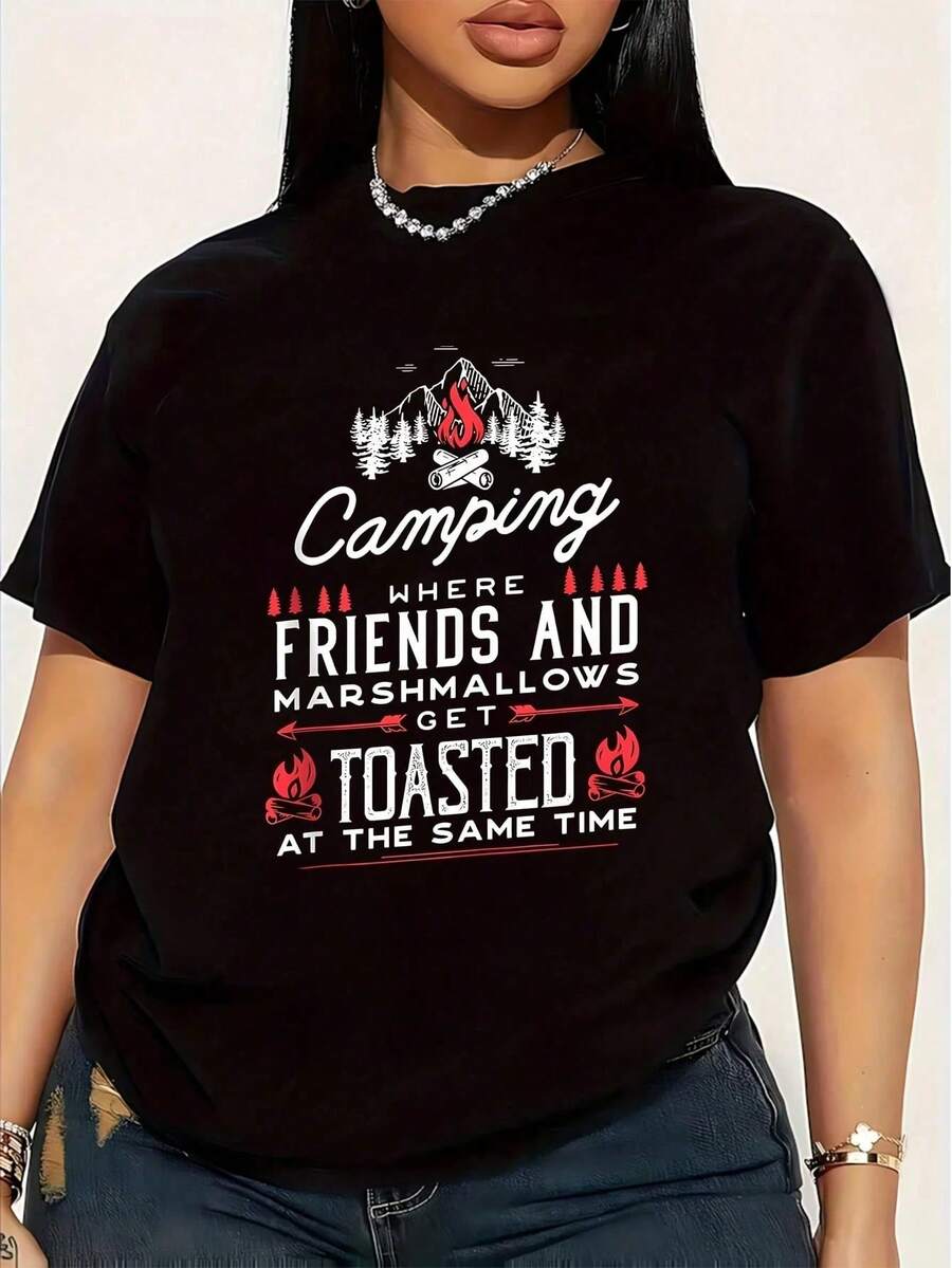 Women's Plus Size T-Shirt With Fun "Camping Where Friends And Marshmallows Roast" Print, Short Sleeve Graphic Tee, Novelty, 100% Cotton, Casual Crew Neck - 黑色 - 查看 1