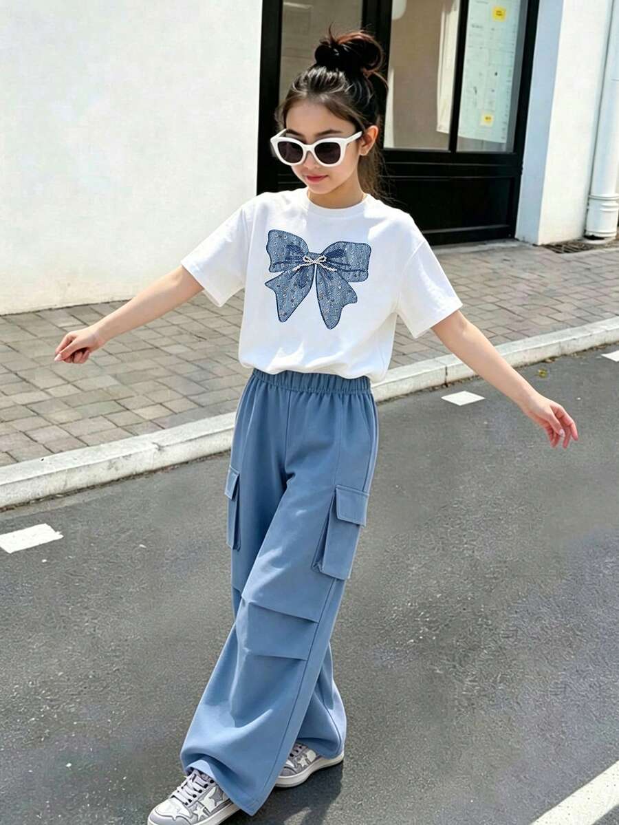 Conjunto de top de manga larga con estampado de moño y pantalones cargo para niñas preadolescentes - Blanco - Ver 1