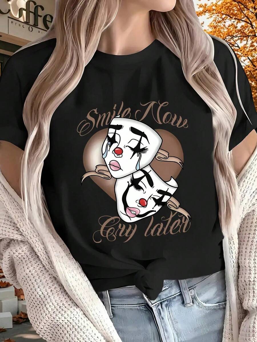 Women's Funny Graphic T-Shirt With Mask - "Smile Now, Cry Later" Slogan - Soft Casual T-Shirt For Everyday Wear - White Top For All Seasons - 黑色 - 查看 1