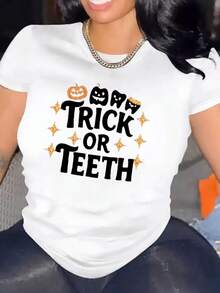 Camiseta Casual de Manga Corta para Mujer, Halloween, 1 Pieza, 100% Algodón Pesado - Cuello Redondo Cómodo, Camisetas Suaves y Adorables - negro - Ver 1