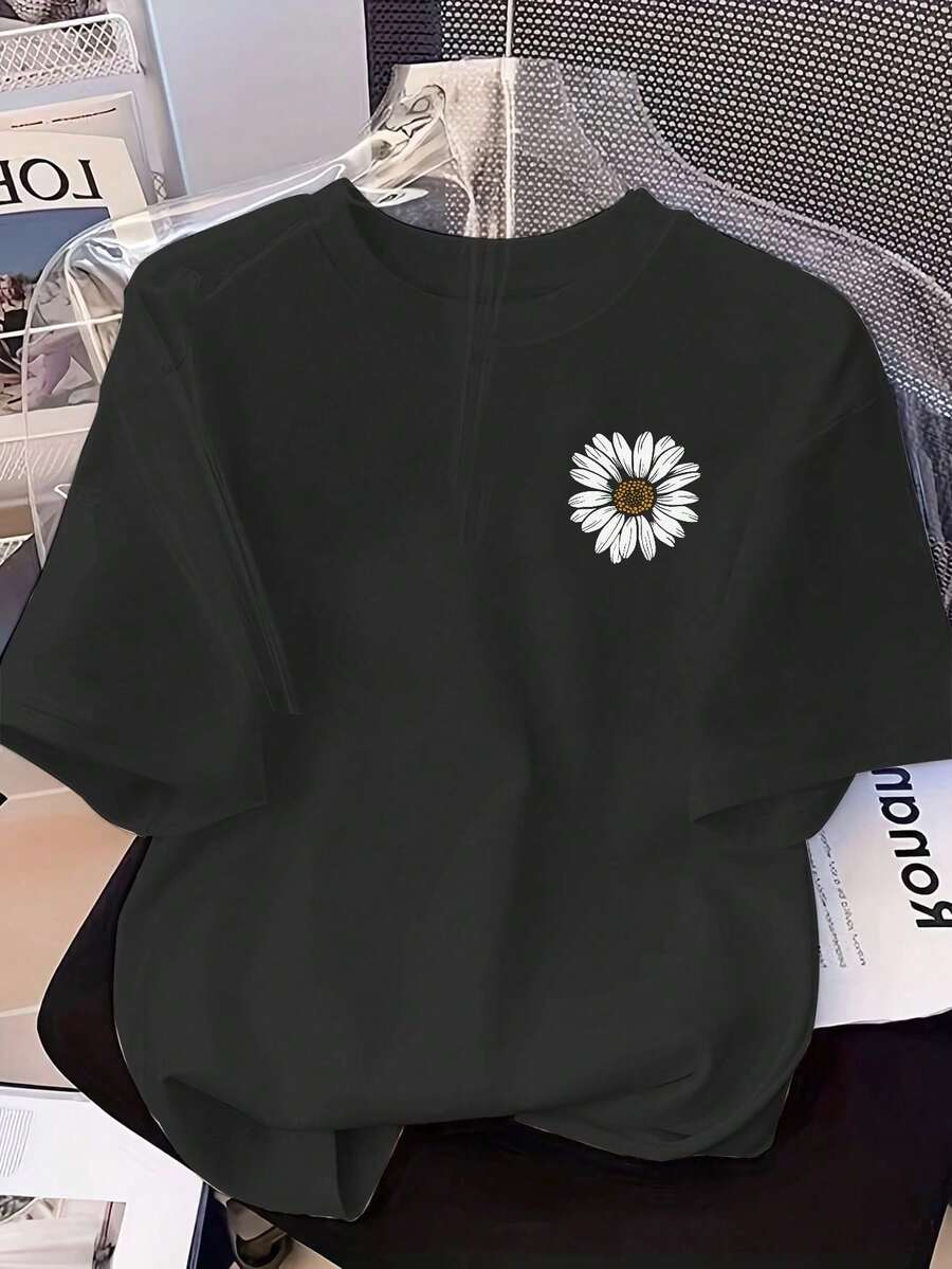 Camiseta casual de manga corta para mujer, con estampado vintage, hecha de suave tela de algodón puro, ideal para atuendos diarios. - Negro - Ver 1