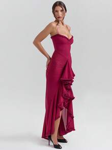 Sleeveless Maxi Dress With Straps, European Style, High-End Elegant Summer Fashion, Ideal For Women's Casual Parties - 酒紅色 - 查看 2