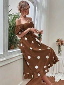 Sweet Feminine Dress With Large Polka Dots And Scalloped Edges - Coffee - View 4