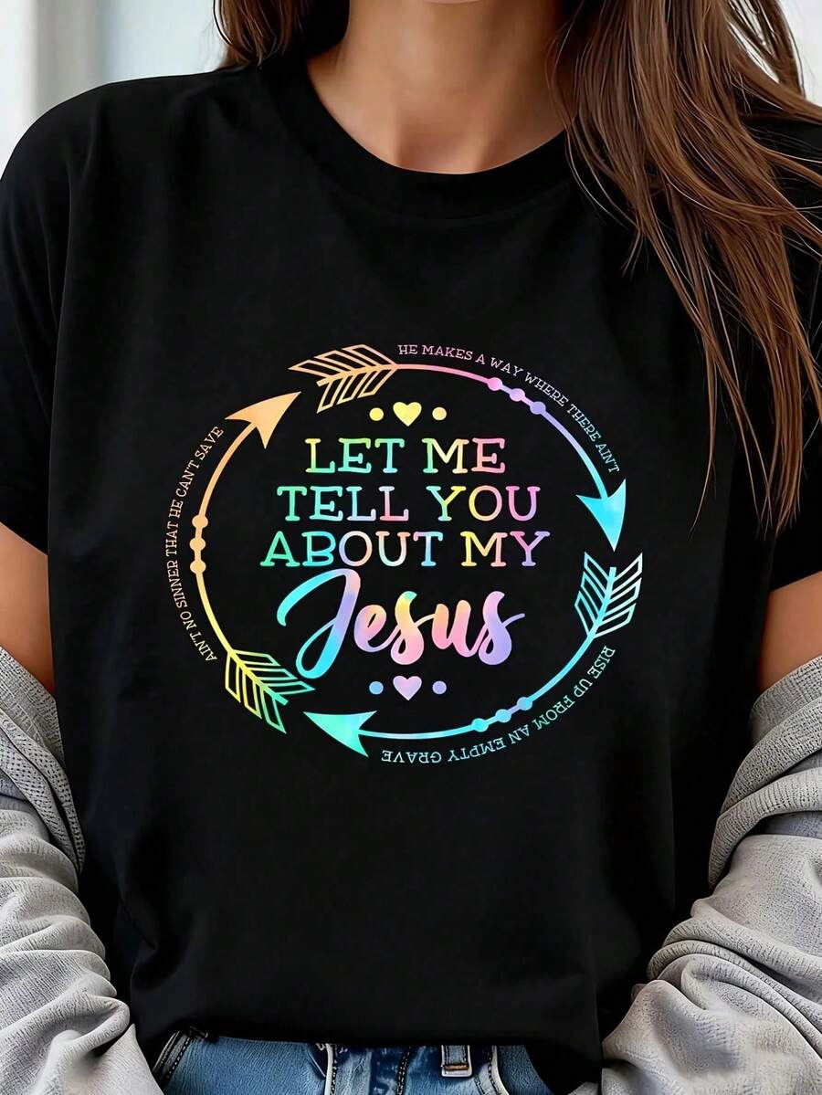 Regalo Cristiano Déjame Contarte Sobre Mi Jesús 1 Pieza Camiseta de Talla Grande para Mujer, Camiseta Gráfica Oversize de Manga Corta 220g, Novedosa, 100% Poliéster, Camiseta Casual de Cuell - Negro - Ver 1