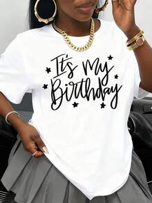 Camiseta "Es Mi Cumpleaños" para Mujer, Blanca, Cuello Redondo, con Estampado Gráfico, Camiseta de Cumpleaños para Mujer, Regalo para Celebración de Cumpleaños, Ropa Casual para Fiesta, Atue - Blanco - Ver 1
