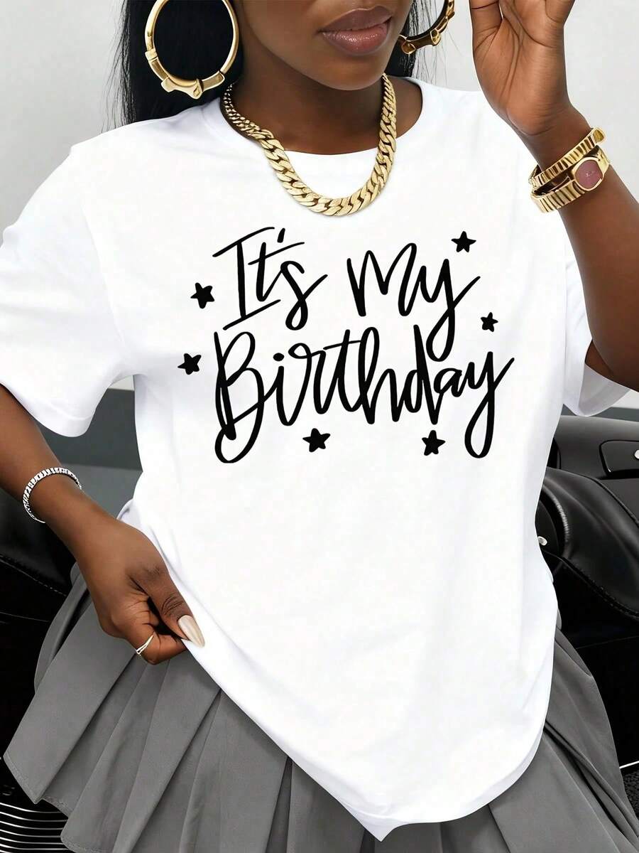 Camiseta "Es Mi Cumpleaños" para Mujer, Blanca, Cuello Redondo, con Estampado Gráfico, Camiseta de Cumpleaños para Mujer, Regalo para Celebración de Cumpleaños, Ropa Casual para Fiesta, Atue - Blanco - Ver 1