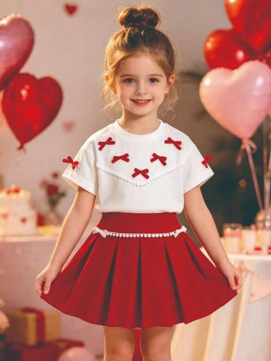 Girls' Casual Outgoing Fashion Solid Color Ruffle Decor Bow Design Drop Shoulder Short Sleeve Top And Elastic Waist Bow Pleated Mini Skirt Set, Summer - Red - View 1