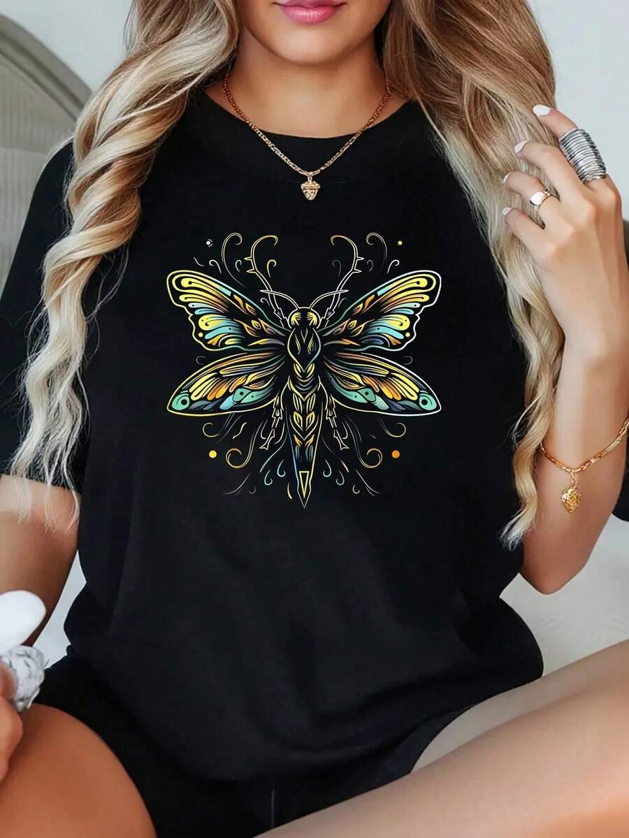 1 Camiseta de Talla Grande para Mujer con Diseño Divertido de Luciérnaga Brillante, Estampado Gráfico, Manga Corta, 220g, 100% Poliéster, Estilo Casual, Cuello Redondo - Negro - Ver 1