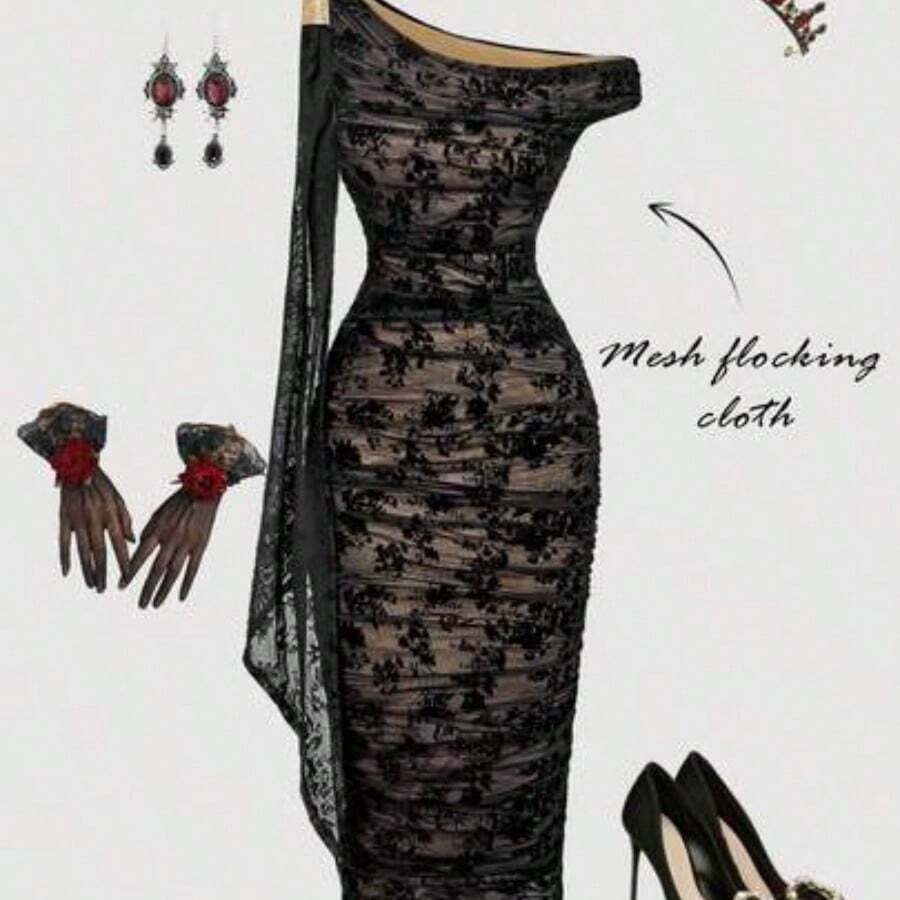 MOD Vestido de mujer de unicolor y longitud media con cuello asimétrico y drapeado, atuendos occidentales para mujeres, vestido de playa, atuendos de rave, vestido pastel - Negro1 - Ver 1
