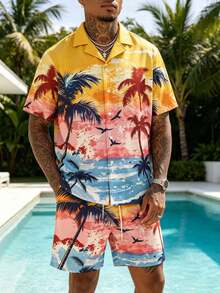 Striville Men's Sunset Palm Tree Print 2-Piece Set Shirt Collar Beach Shirt And Shorts - Multicolor - View 8