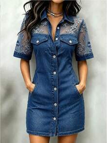 Denim Shirt Dress With Mesh Floral Embroidery, Short Sleeve, Button Front, Collared Neck, Bodycon Silhouette, With Pockets, Perfect For Casual Wear, Outings, And Parties - Azul - Ver 1