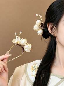 2件/1件 女款 5.12英吋/13公分 木蘭花U型髮簪，高級新中式髮簪，古風旗袍髮飾，優雅百搭漢服旗袍套裝配飾，簡約時尚中式髮飾，適合日常穿著與外出 - 彩色 - 查看 10
