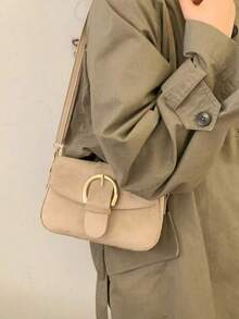 Women's Flap Small Handbag, Fashionable Metal Buckle Decor Square Bag, Shoulder Crossbody Bag - Khaki - View 4