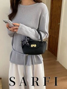 1 Túi PU màu trơn với thiết kế trang trí khăn lụa, phù hợp cho phụ nữ sử dụng hàng ngày, du lịch, mua sắm, đi làm, tụ họp ngày lễ - màu đen - Xem 1