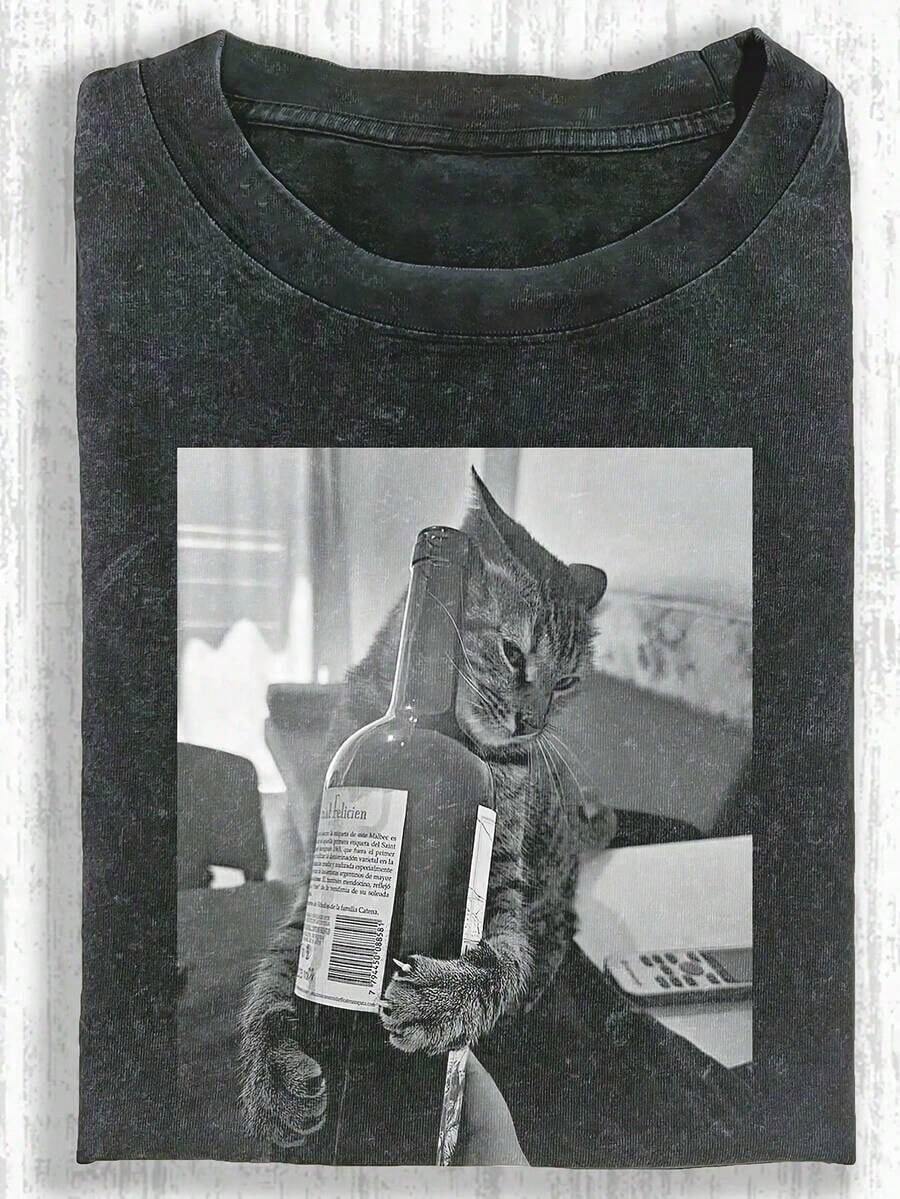 Men's And Women's 100% Cotton 1 Piece Of Funny Graphic T-Shirt With Cat Design, Men's Cotton T-Shirt, 230g, Washed Short Sleeve T-Shirt, Suitable For Halloween Gifts - 黑1 - 查看 1