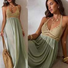 jianchaimaoyi02  Vestido elegante y sexy con escote en V profundo, hecho de ganchillo y parches de malla, para mujer. Ideal para vacaciones, atuendo de playa y vestidos de - Caqui - Ver 2