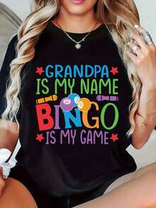 Camiseta Gráfica para Mujer con Estampado de "Bingo es Mi Juego" - Cuello Redondo, Manga Corta, Estilo Casual, Ideal para Primavera y Verano, Ropa Informal| Camiseta de cuello redondo| Camis - negro - Ver 1