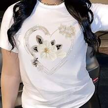 Camiseta con Estampado Gráfico de Moda, Top Casual de Manga Corta con Cuello Redondo y Diseño de Corazones y Flores, Lavable a Máquina, Corte Regular, Camiseta de Primavera/Verano para Mujer - negro - Ver 2