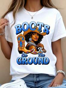 Women's Short Sleeve Crew Neck T-Shirt With Cowgirl And Riding Boots Design - All-Over Cowgirl And Boots Print With The Slogan "Boots On The Ground", Loose Fit, Clothing - 白色 - 查看 1
