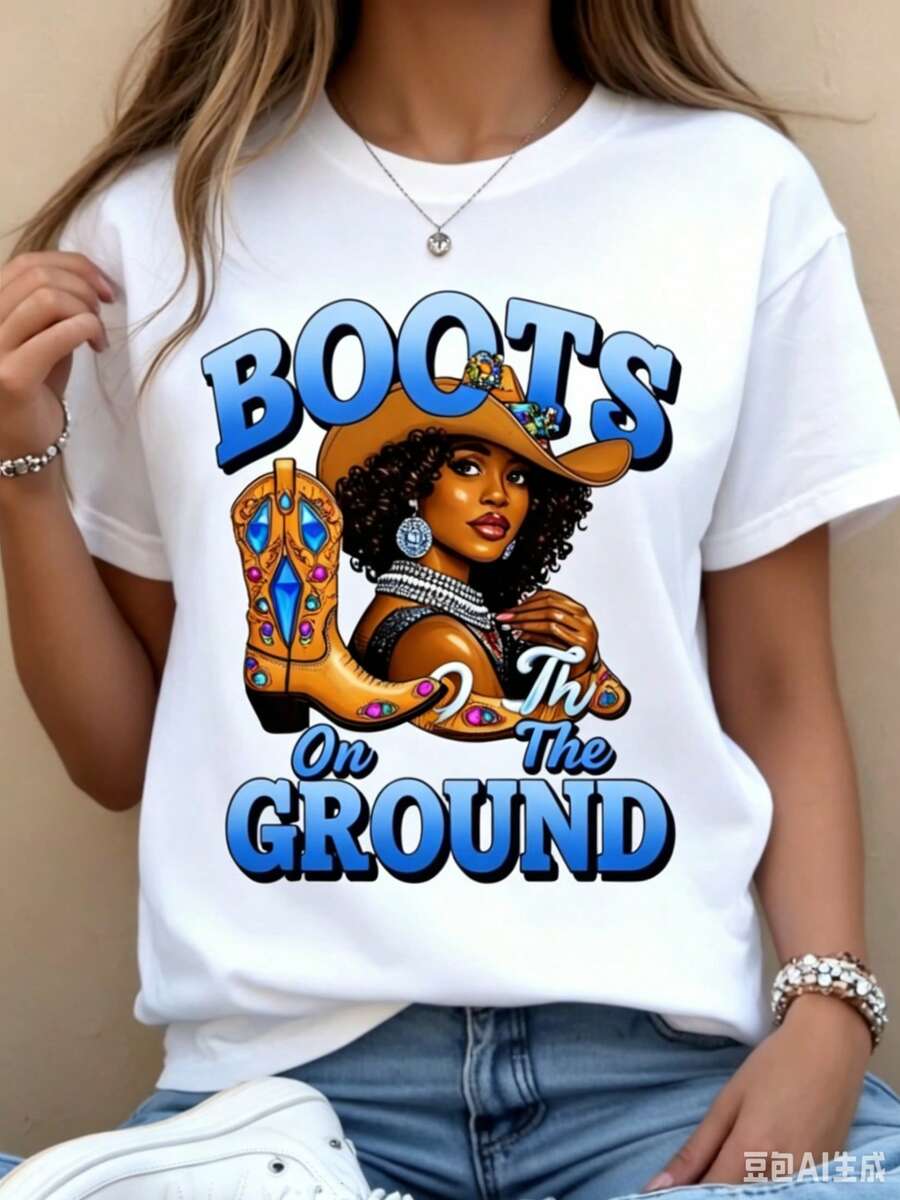 Women's Short Sleeve Crew Neck T-Shirt With Cowgirl And Riding Boots Design - All-Over Cowgirl And Boots Print With The Slogan "Boots On The Ground", Loose Fit, Clothing - 白色 - 查看 1