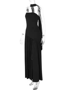 Women's Elegant Fashion Party Dress, Fitted Plain, Open Back, Floating Ribbon, European Style, New - Black - View 4