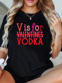 1 Camiseta Divertida con la Inscripción "V Is For Vodka Drinking" para el Día de San Valentín, Talla Grande para Mujer, Camiseta Gráfica de Manga Corta de 220g, Novedosa, 100% Poliéster, Cue - Negro - Ver 1