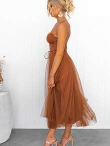 Women's Elegant European-Style Sheer Mesh Dress With Straps, Perfect For Dinner Parties, A New Fashion , And A Stylish, Feminine Casual Dress. - 黃色 - 查看 4